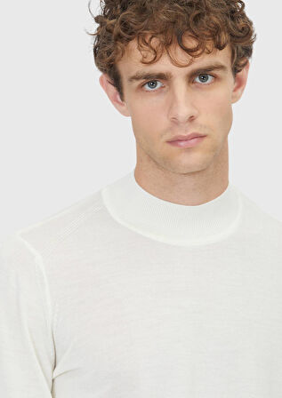 Ekru Bato Yaka Düz Örgü Yün Karışımlı Triko Kazak