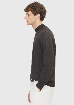 Kahverengi Bato Yaka Düz Örgü Yün Karışımlı Triko Kazak