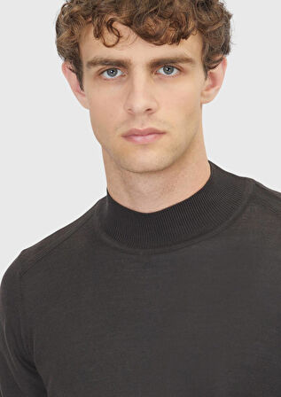 Kahverengi Bato Yaka Düz Örgü Yün Karışımlı Triko Kazak