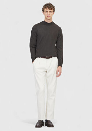 Kahverengi Bato Yaka Düz Örgü Yün Karışımlı Triko Kazak