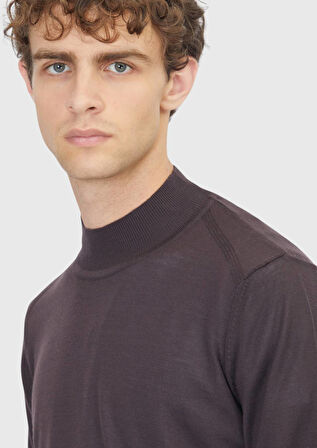 Mürdüm Bato Yaka Düz Örgü Yün Karışımlı Triko Kazak