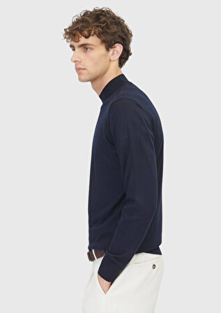 Lacivert Bato Yaka Düz Örgü Yün Karışımlı Triko Kazak