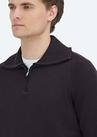 Mürdüm Yarım Balıkçı Yaka Düz Örgü Yün Karışımlı Triko Kazak