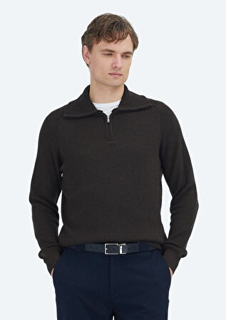 Kahverengi Yarım Balıkçı Yaka Düz Örgü Yün Karışımlı Triko Kazak