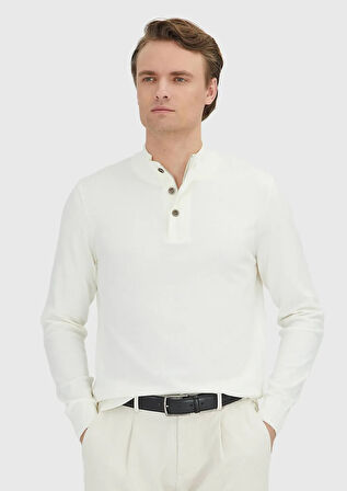 Ekru Polo Yaka Düz Örgü Triko Kazak