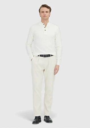 Ekru Polo Yaka Düz Örgü Triko Kazak