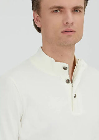 Ekru Polo Yaka Düz Örgü Triko Kazak