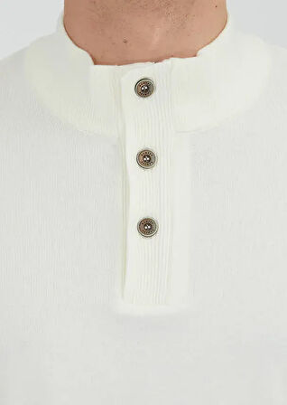 Ekru Polo Yaka Düz Örgü Triko Kazak