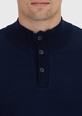 Lacivert Polo Yaka Düz Örgü Triko Kazak