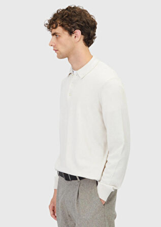 Ekru Polo Yaka Düz Örgü Yün Karışımlı Triko Kazak