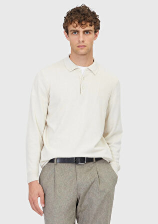 Ekru Polo Yaka Düz Örgü Yün Karışımlı Triko Kazak