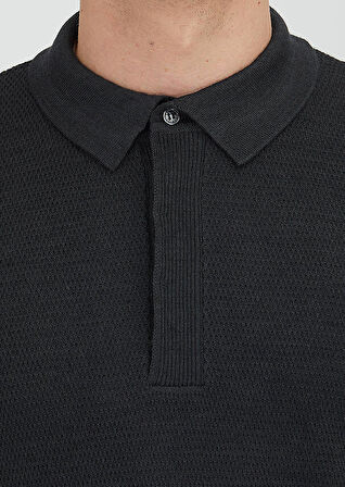 Antrasit Polo Yaka Jakarlı Yün Karışımlı Triko Kazak