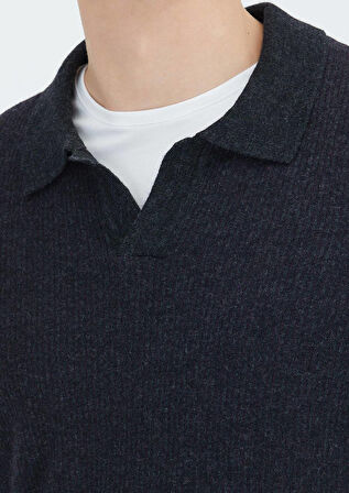 Antrasit Polo Yaka Selanik Yün Karışımlı Triko Kazak