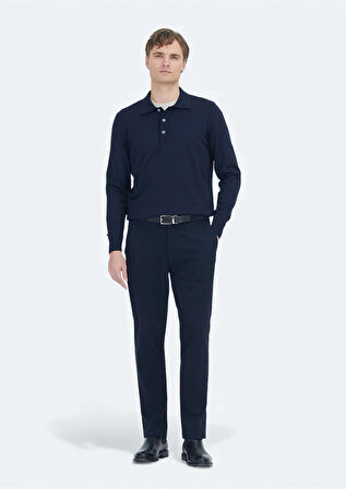 Lacivert Polo Yaka Düz Örgü Triko Kazak