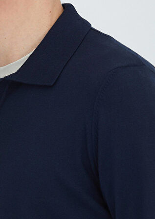Lacivert Polo Yaka Düz Örgü Triko Kazak
