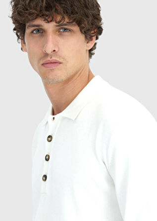 Ekru Polo Yaka Düz Örgü Triko Kazak