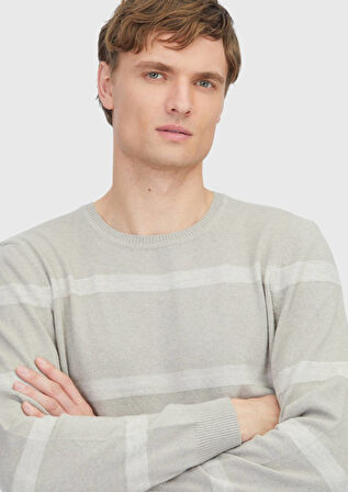 Bej Bisiklet Yaka Çizgili Yün Karışımlı Triko Kazak