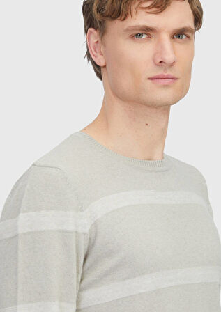 Bej Bisiklet Yaka Çizgili Yün Karışımlı Triko Kazak