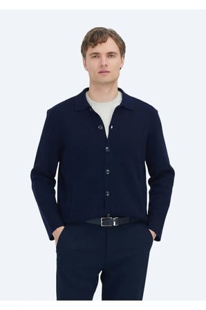 Lacivert Polo Yaka Düz Örgü Yün Karışımlı Hırka