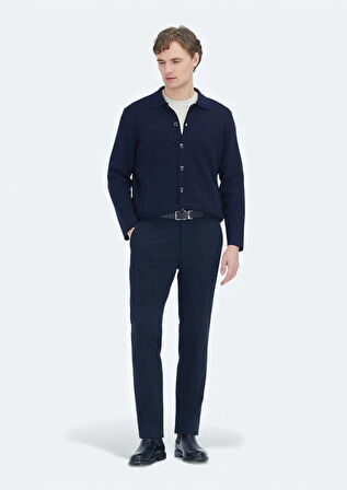 Lacivert Polo Yaka Düz Örgü Yün Karışımlı Hırka