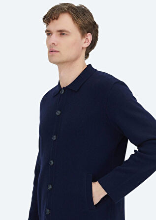 Lacivert Polo Yaka Düz Örgü Yün Karışımlı Hırka