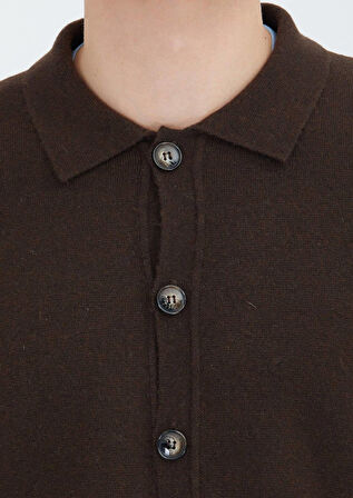 Kahverengi Polo Yaka Düz Örgü Yün Karışımlı Hırka