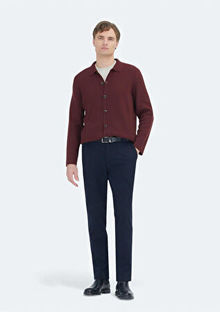 Bordo Polo Yaka Düz Örgü Yün Karışımlı Hırka