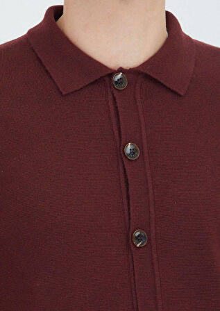 Bordo Polo Yaka Düz Örgü Yün Karışımlı Hırka