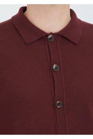 Bordo Polo Yaka Düz Örgü Yün Karışımlı Hırka