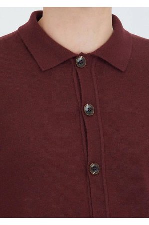 Bordo Polo Yaka Düz Örgü Yün Karışımlı Hırka