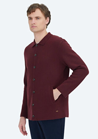 Bordo Polo Yaka Düz Örgü Yün Karışımlı Hırka