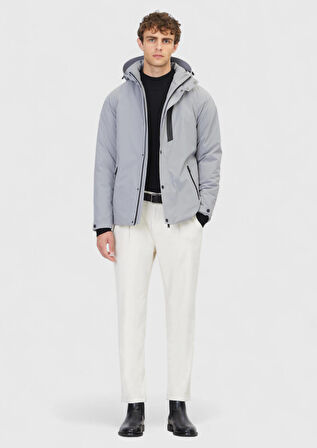 Açık Gri Regular Fit Kapüşonlu Casual Dokuma Mont