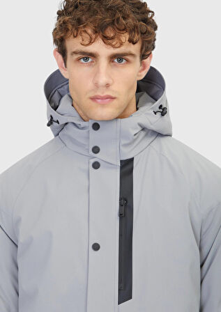 Açık Gri Regular Fit Kapüşonlu Casual Dokuma Mont