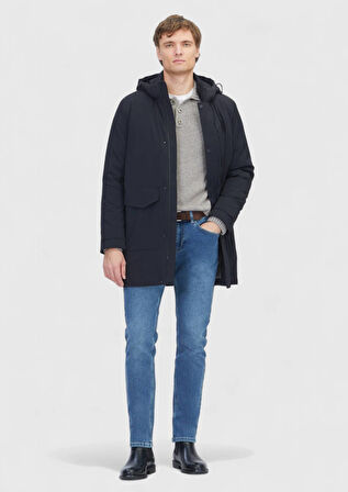 Siyah Regular Fit Kapüşonlu Casual Dokuma Kaban