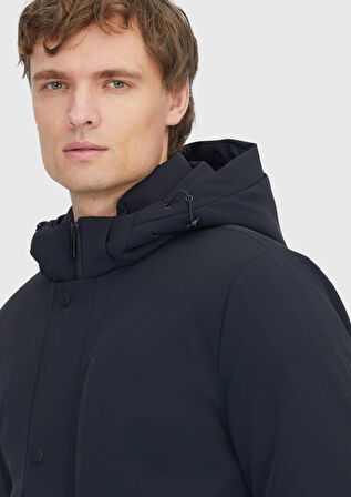 Siyah Regular Fit Kapüşonlu Casual Dokuma Kaban