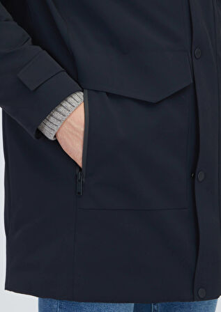 Siyah Regular Fit Kapüşonlu Casual Dokuma Kaban