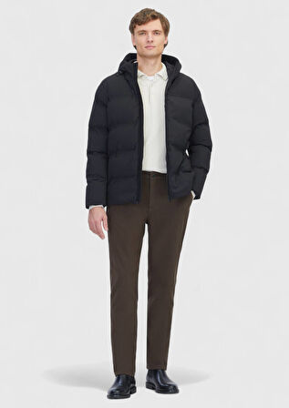 Siyah Regular Fit Kapüşonlu Casual Dokuma Mont