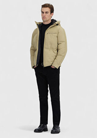 Kum Regular Fit Kapüşonlu Casual Dokuma Mont