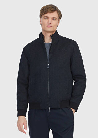 Siyah Regular Fit Dik Yaka Casual Dokuma Mont