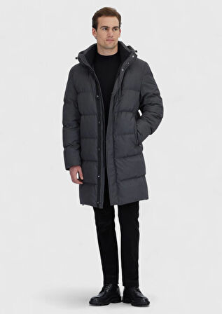 Gri Regular Fit Kapüşonlu Casual Dokuma Kaban