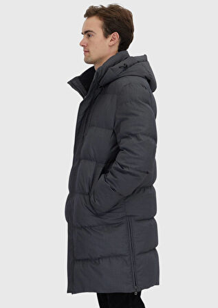 Gri Regular Fit Kapüşonlu Casual Dokuma Kaban