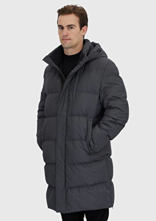 Gri Regular Fit Kapüşonlu Casual Dokuma Kaban