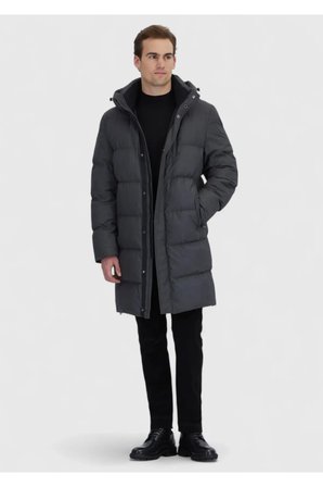 Gri Regular Fit Kapüşonlu Casual Dokuma Kaban