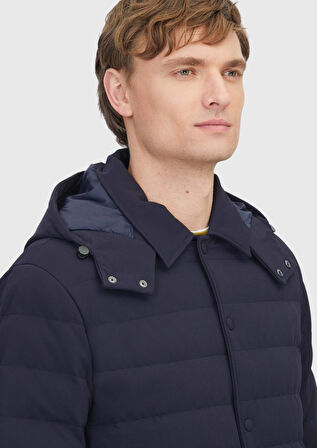 Lacivert Regular Fit Kapüşonlu Casual Dokuma Mont