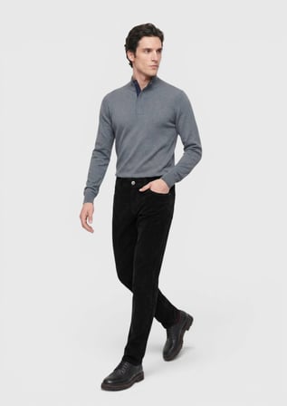 Siyah Düz Dokuma Slim Fit Kadife Casual Pamuk Karışımlı Pantolon