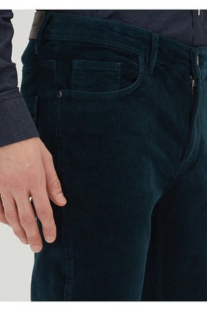 Petrol Düz Dokuma Slim Fit Kadife Casual Pamuk Karışımlı Pantolon
