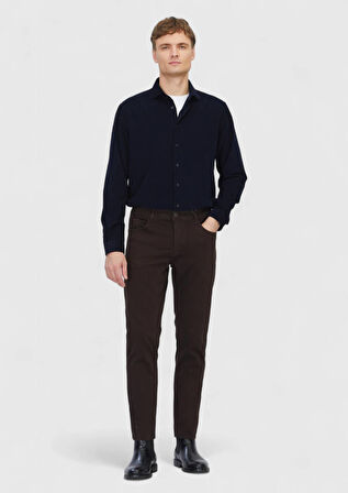 Kahverengi Düz Dokuma Slim Fit Casual Pamuk Karışımlı Pantolon