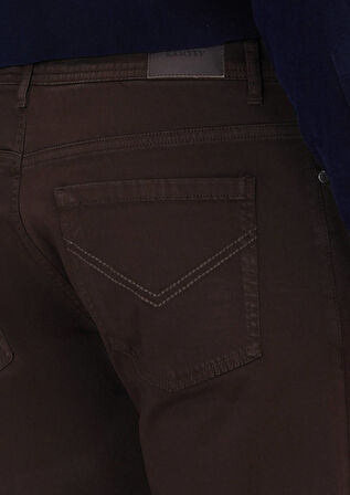 Kahverengi Düz Dokuma Slim Fit Casual Pamuk Karışımlı Pantolon