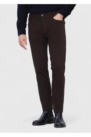 Kahverengi Düz Dokuma Slim Fit Casual Pamuk Karışımlı Pantolon