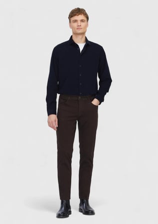 Kahverengi Düz Dokuma Slim Fit Casual Pamuk Karışımlı Pantolon